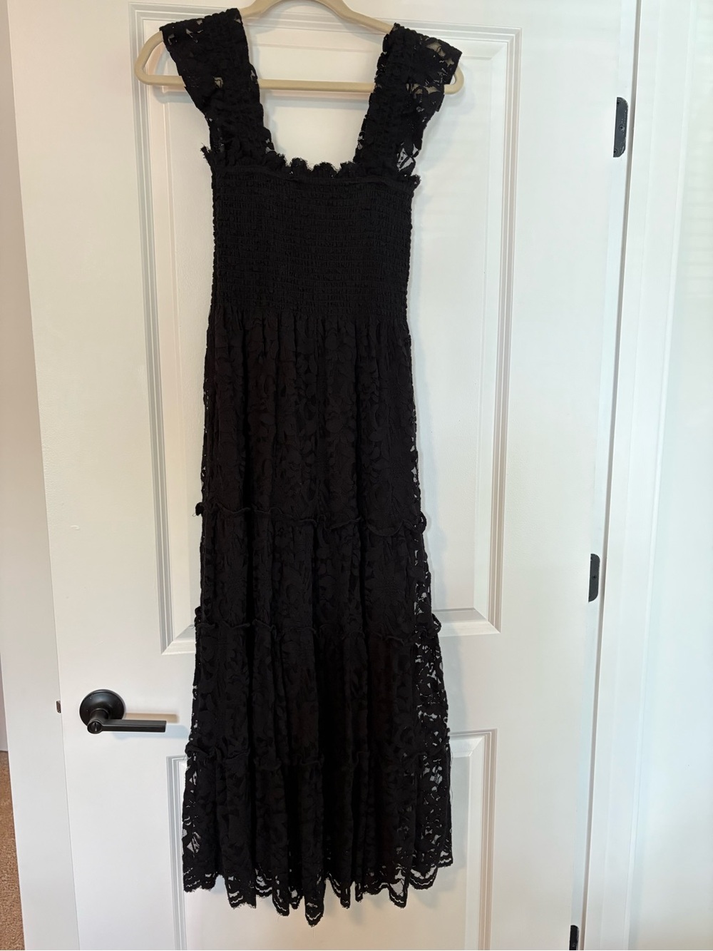 Smocked Lace Black Maxi Dress with Wide Lace Straps
